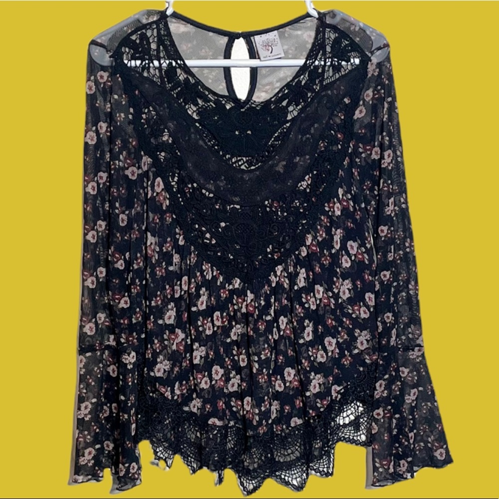Y2K 2000s Sheer Floral & Lace Bell Sleeve Blouse